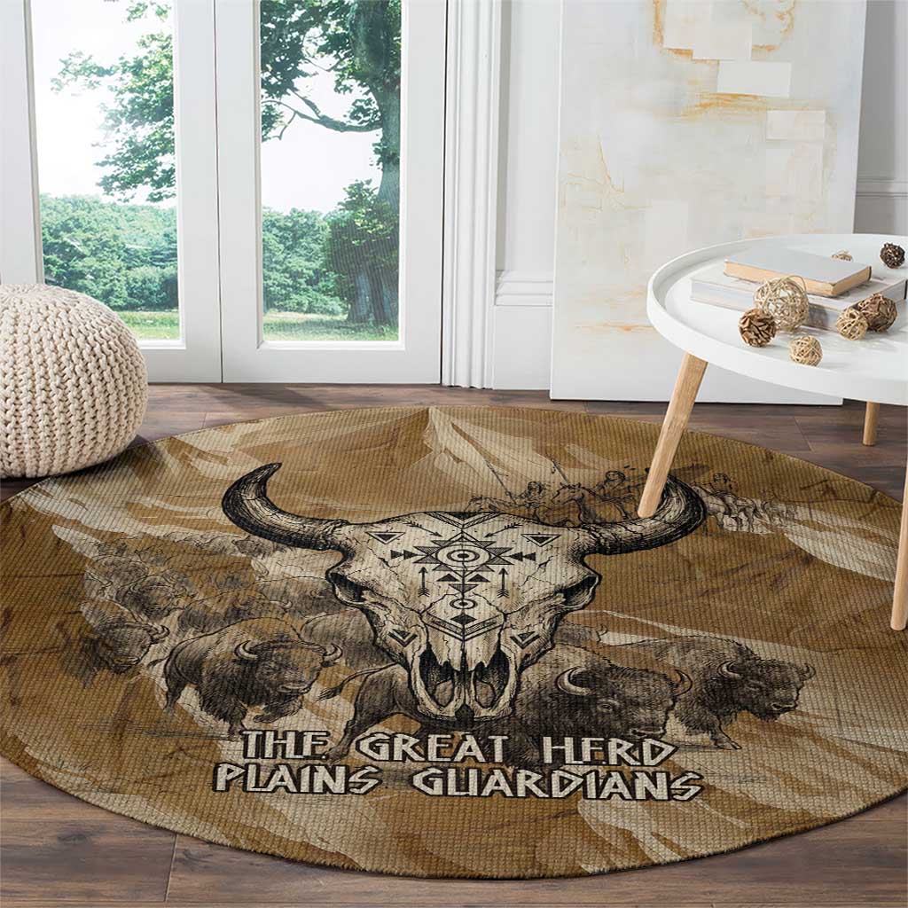 Buffalo Skull Native American Round Carpet Tribal Symbols and Mountain Scene Great Herd and Plains Guardians - Wonder Print Shop