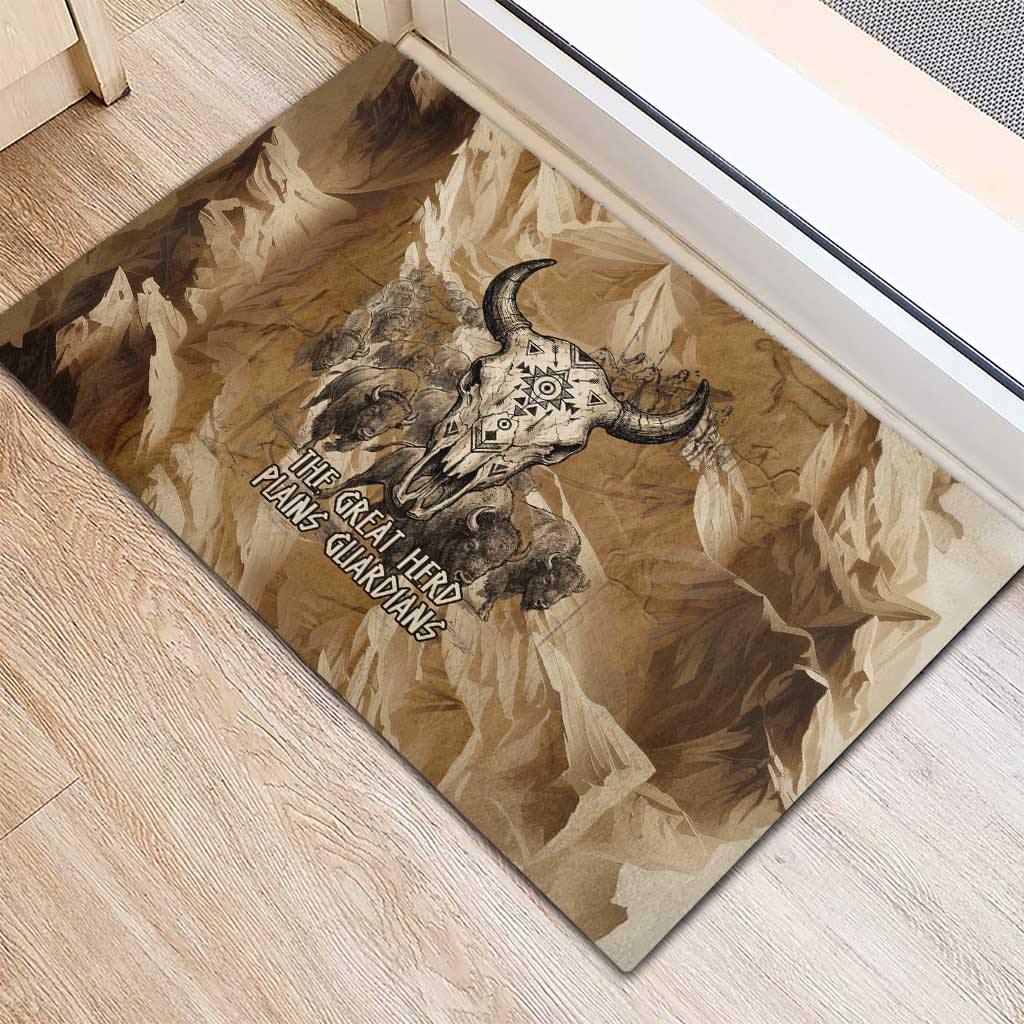 Buffalo Skull Native American Rubber Doormat Tribal Symbols and Mountain Scene Great Herd and Plains Guardians - Wonder Print Shop