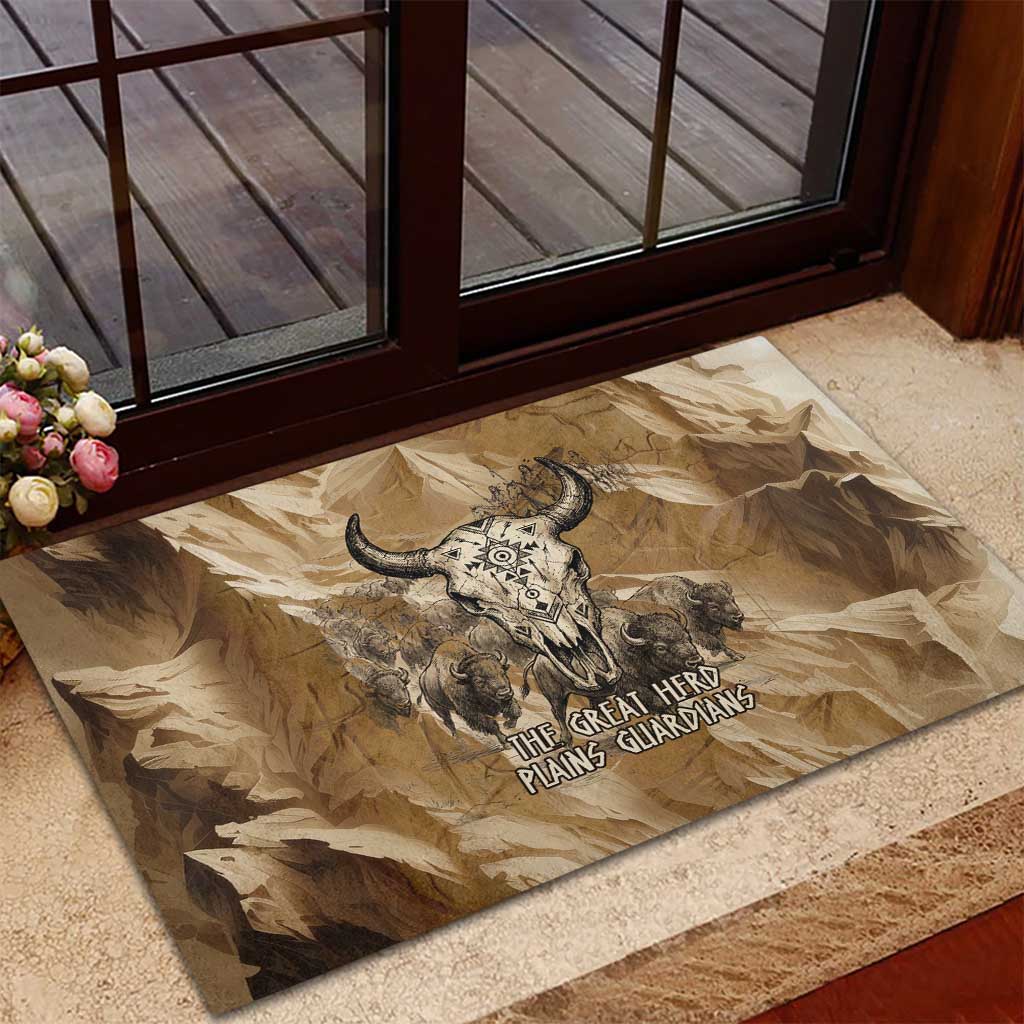 Buffalo Skull Native American Rubber Doormat Tribal Symbols and Mountain Scene Great Herd and Plains Guardians - Wonder Print Shop