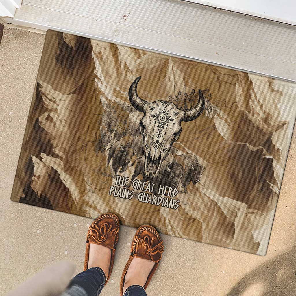 Buffalo Skull Native American Rubber Doormat Tribal Symbols and Mountain Scene Great Herd and Plains Guardians - Wonder Print Shop