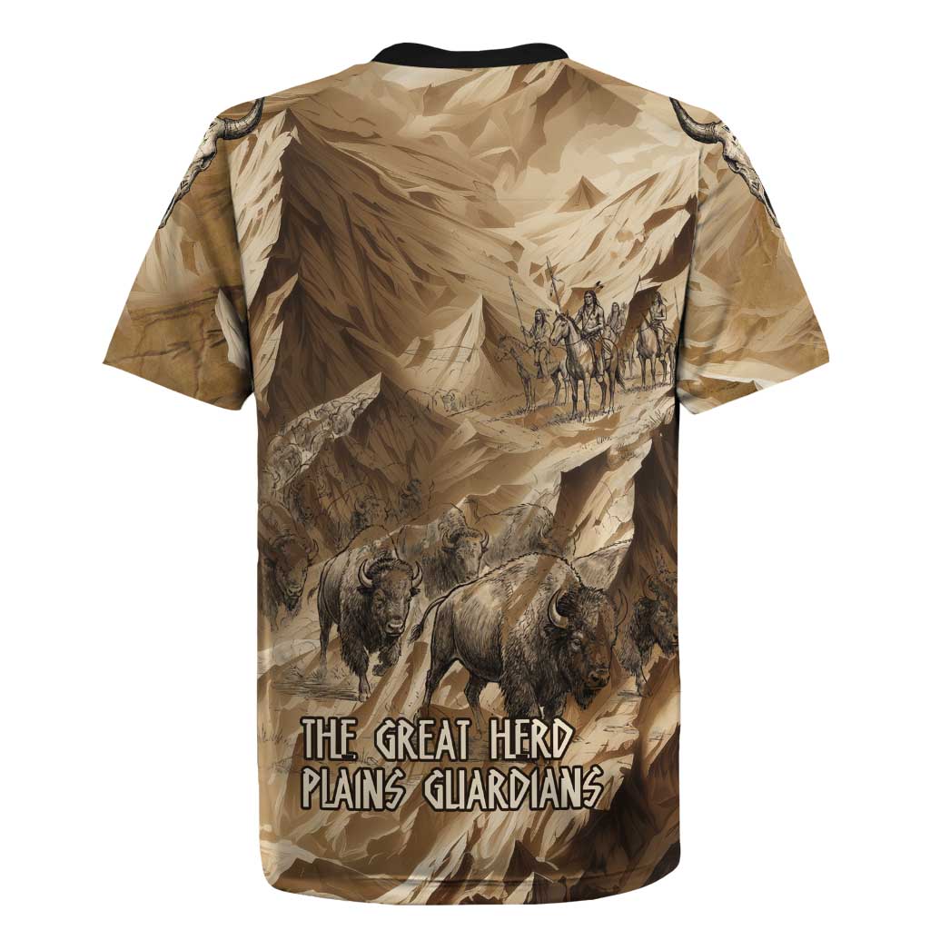 Buffalo Skull Native American Rugby Jersey Tribal Symbols and Mountain Scene Great Herd and Plains Guardians - Wonder Print Shop