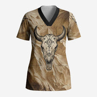 Buffalo Skull Native American Scrub Top Tribal Symbols and Mountain Scene Great Herd and Plains Guardians - undefined
