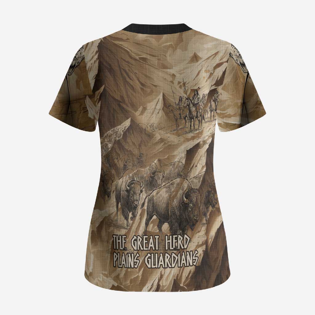 Buffalo Skull Native American Scrub Top Tribal Symbols and Mountain Scene Great Herd and Plains Guardians - undefined
