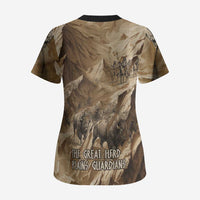 Buffalo Skull Native American Scrub Top Tribal Symbols and Mountain Scene Great Herd and Plains Guardians - undefined