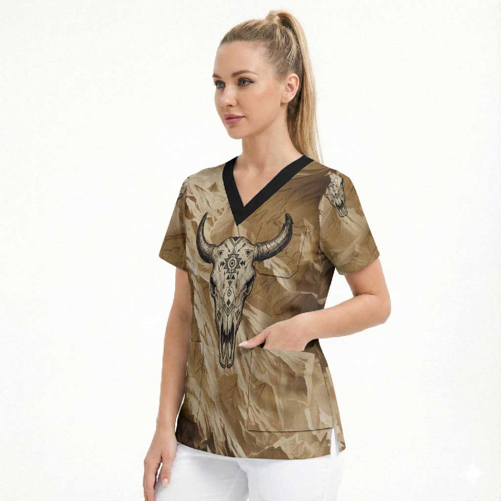 Buffalo Skull Native American Scrub Top Tribal Symbols and Mountain Scene Great Herd and Plains Guardians - undefined