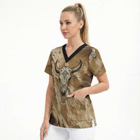 Buffalo Skull Native American Scrub Top Tribal Symbols and Mountain Scene Great Herd and Plains Guardians - undefined