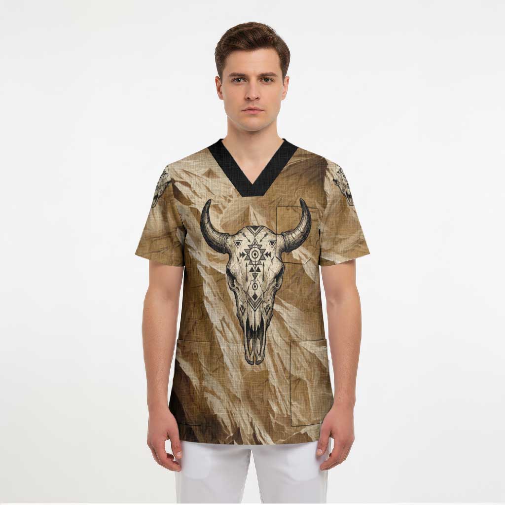 Buffalo Skull Native American Scrub Top Tribal Symbols and Mountain Scene Great Herd and Plains Guardians - undefined