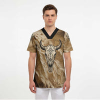 Buffalo Skull Native American Scrub Top Tribal Symbols and Mountain Scene Great Herd and Plains Guardians - undefined
