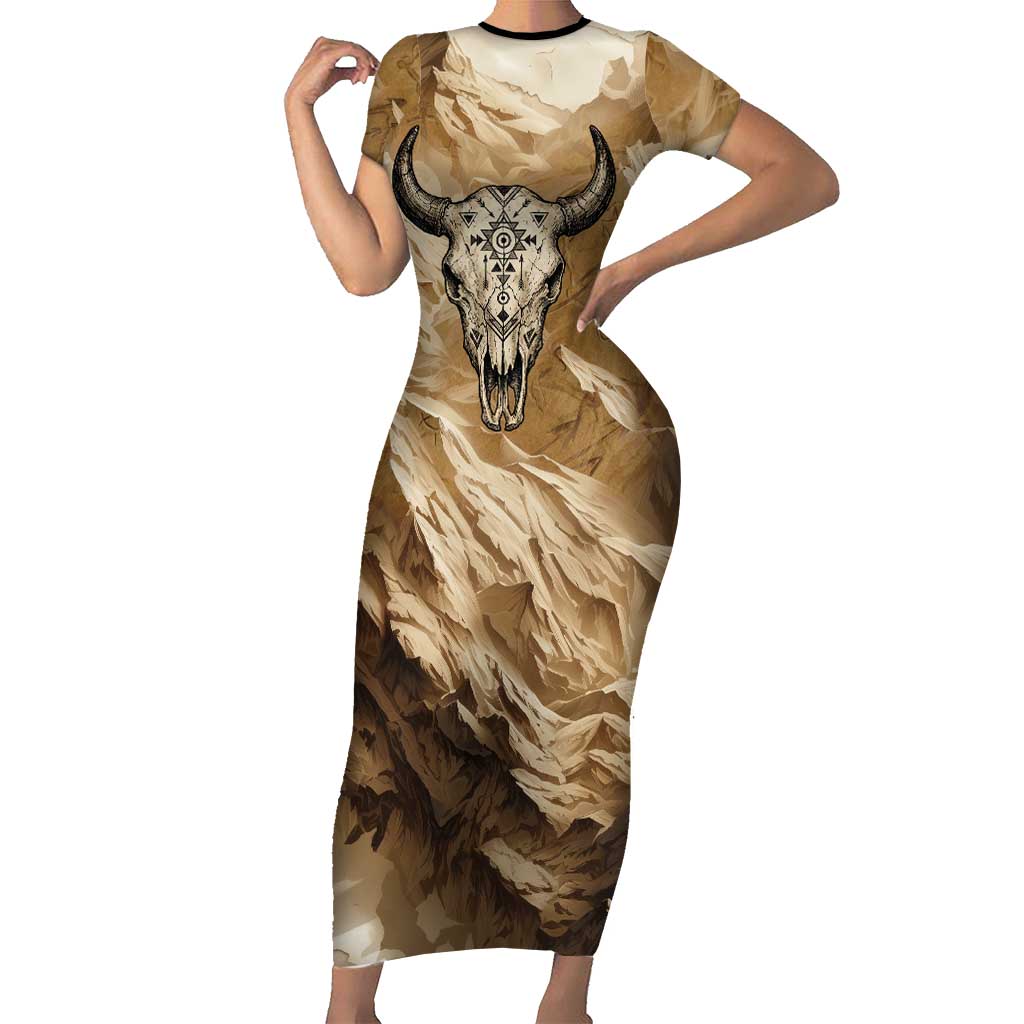 Buffalo Skull Native American Short Sleeve Bodycon Dress Tribal Symbols and Mountain Scene Great Herd and Plains Guardians - undefined