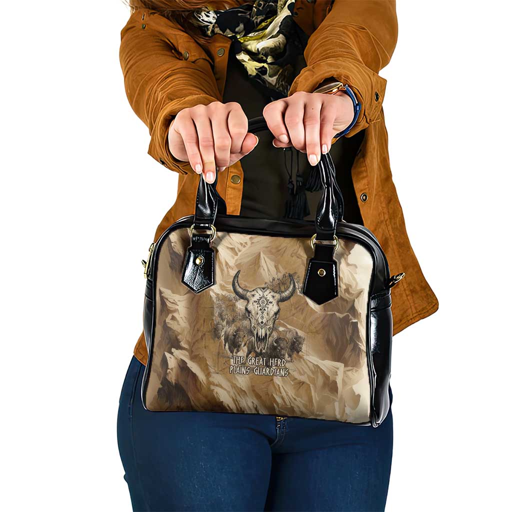 Buffalo Skull Native American Shoulder Handbag Tribal Symbols and Mountain Scene Great Herd and Plains Guardians - Wonder Print Shop
