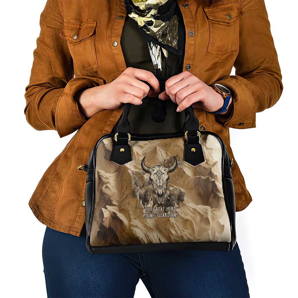 Buffalo Skull Native American Shoulder Handbag Tribal Symbols and Mountain Scene Great Herd and Plains Guardians - Wonder Print Shop