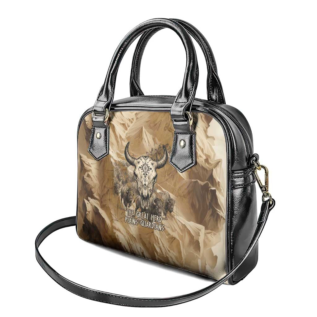 Buffalo Skull Native American Shoulder Handbag Tribal Symbols and Mountain Scene Great Herd and Plains Guardians - Wonder Print Shop