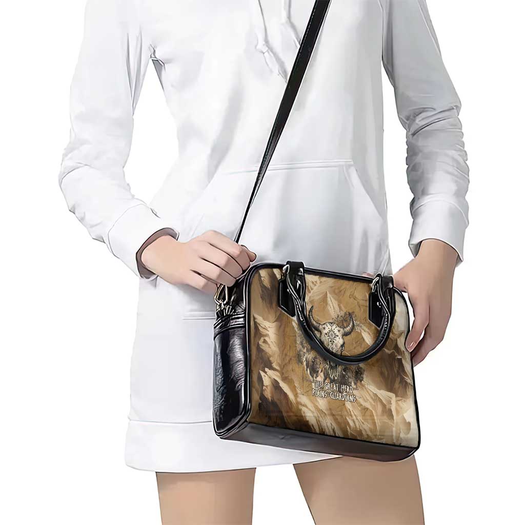 Buffalo Skull Native American Shoulder Handbag Tribal Symbols and Mountain Scene Great Herd and Plains Guardians - Wonder Print Shop