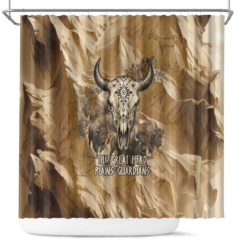 Buffalo Skull Native American Shower Curtain Tribal Symbols and Mountain Scene Great Herd and Plains Guardians - Wonder Print Shop
