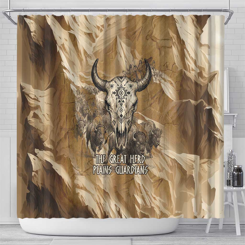 Buffalo Skull Native American Shower Curtain Tribal Symbols and Mountain Scene Great Herd and Plains Guardians - Wonder Print Shop