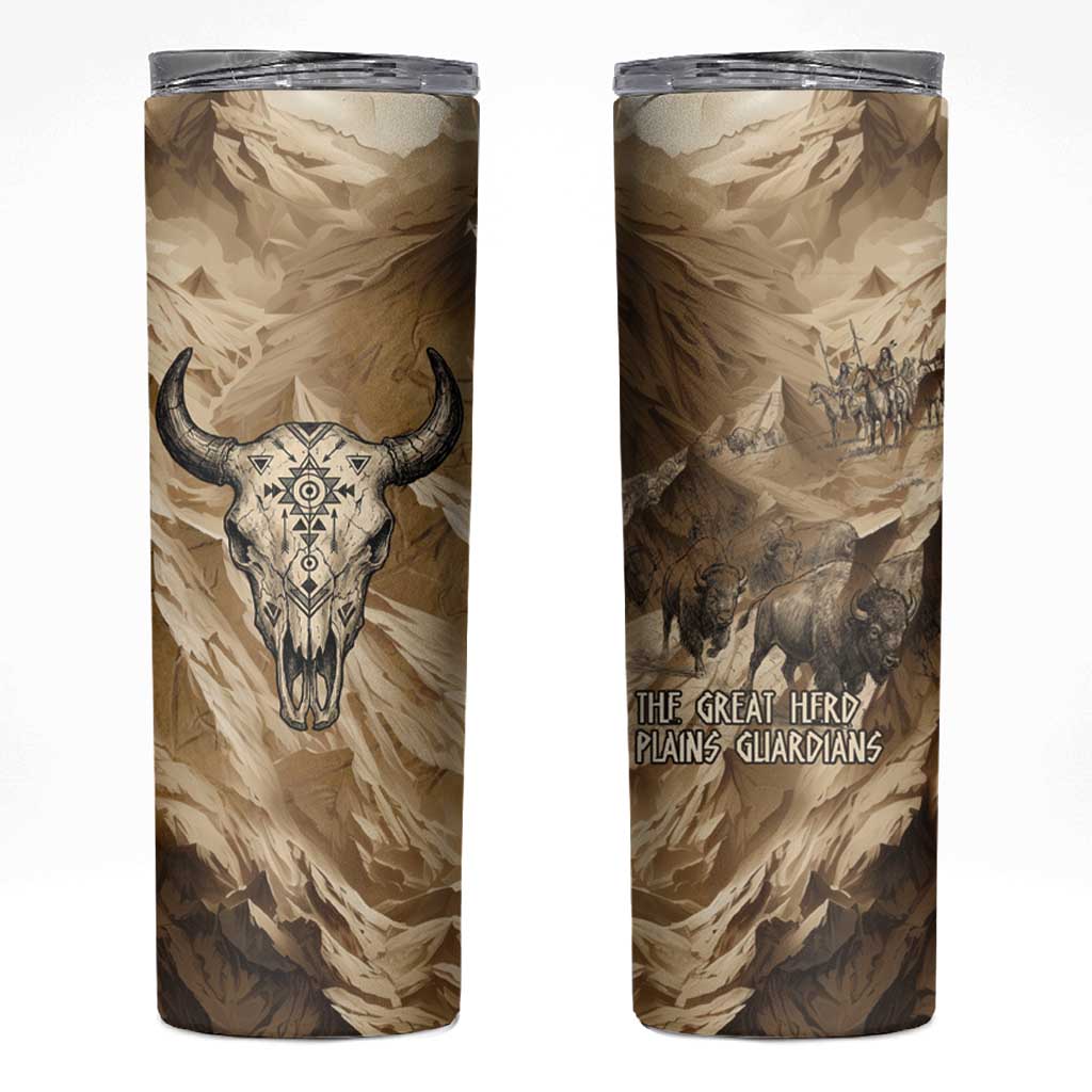 Buffalo Skull Native American Skinny Tumbler Tribal Symbols and Mountain Scene Great Herd and Plains Guardians - Wonder Print Shop
