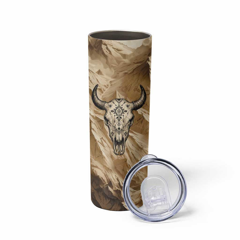 Buffalo Skull Native American Skinny Tumbler Tribal Symbols and Mountain Scene Great Herd and Plains Guardians - Wonder Print Shop