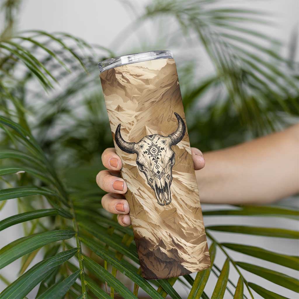 Buffalo Skull Native American Skinny Tumbler Tribal Symbols and Mountain Scene Great Herd and Plains Guardians - Wonder Print Shop