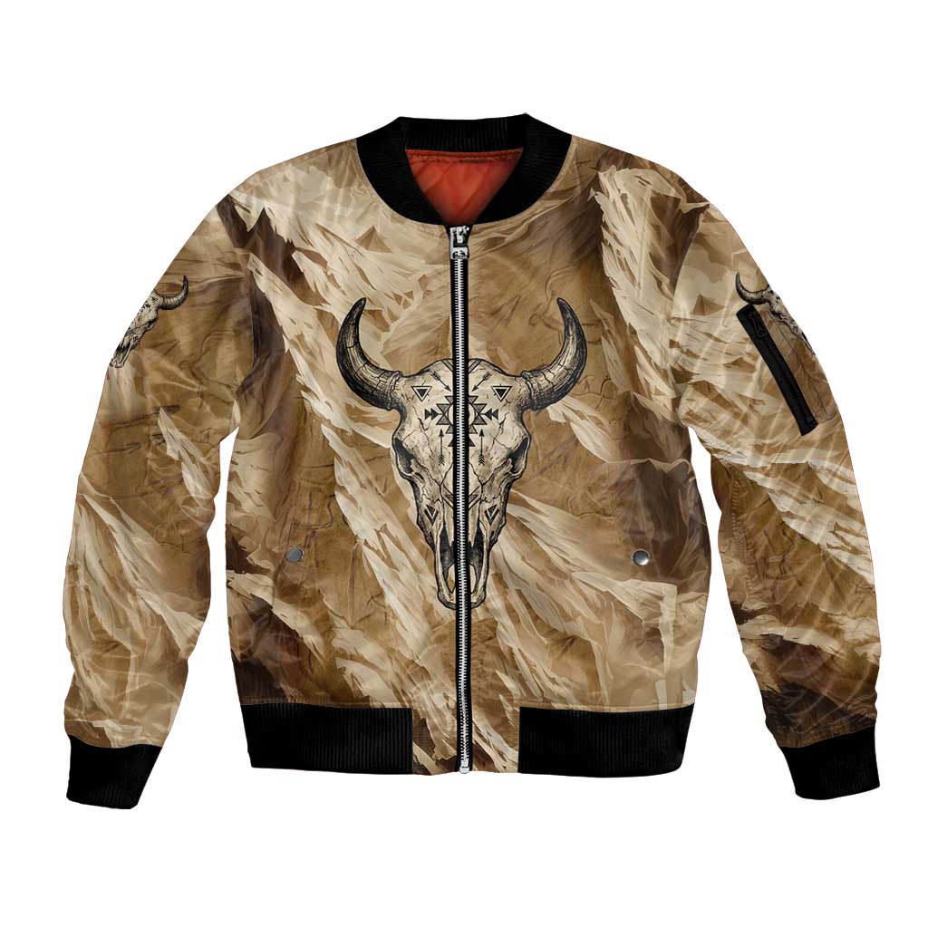 Buffalo Skull Native American Sleeve Zip Bomber Jacket Tribal Symbols and Mountain Scene Great Herd and Plains Guardians - Wonder Print Shop