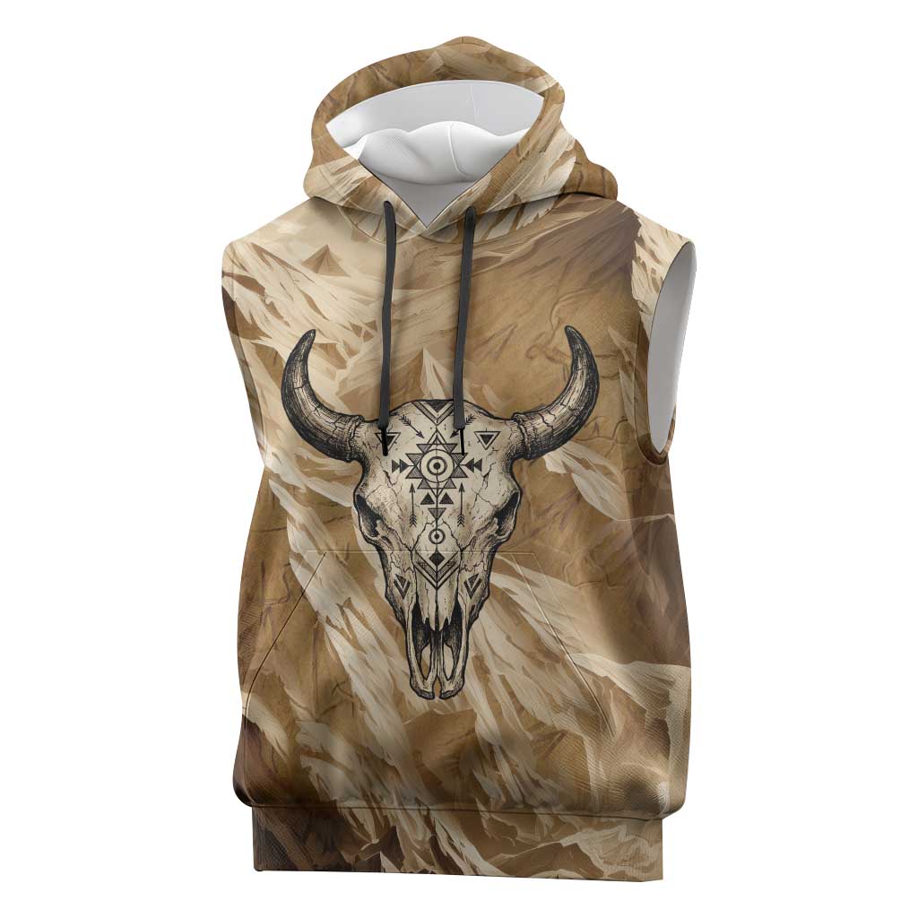 Buffalo Skull Native American Sleeveless Hoodie Tribal Symbols and Mountain Scene Great Herd and Plains Guardians - Wonder Print Shop