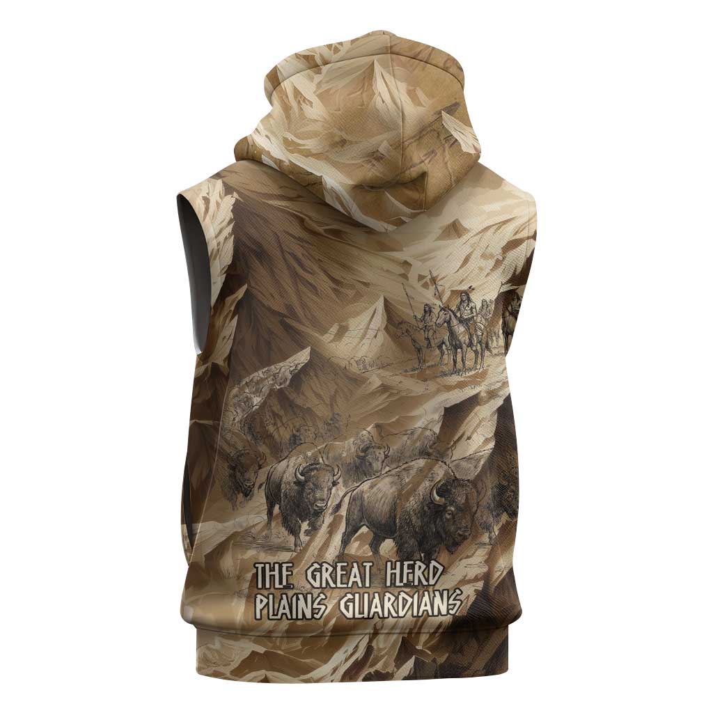 Buffalo Skull Native American Sleeveless Hoodie Tribal Symbols and Mountain Scene Great Herd and Plains Guardians - Wonder Print Shop