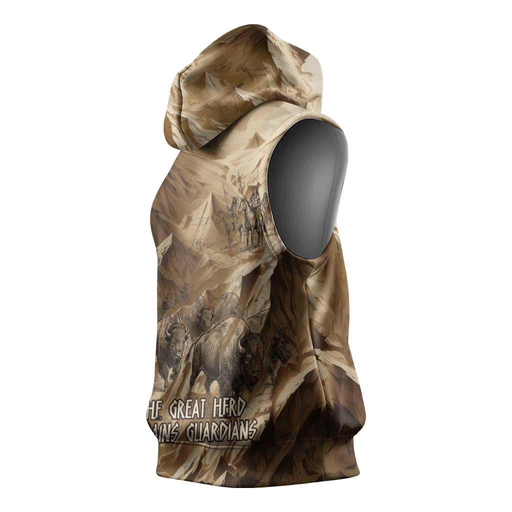 Buffalo Skull Native American Sleeveless Hoodie Tribal Symbols and Mountain Scene Great Herd and Plains Guardians - Wonder Print Shop