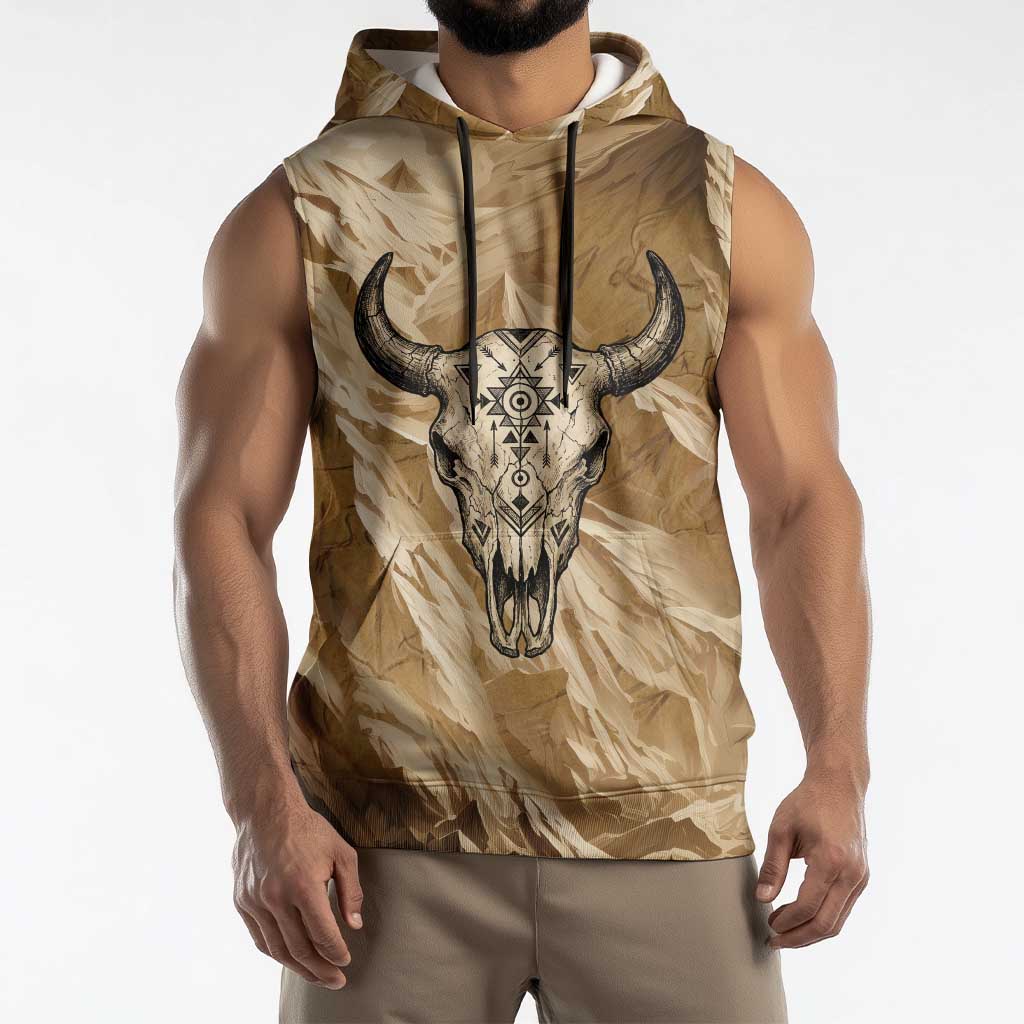 Buffalo Skull Native American Sleeveless Hoodie Tribal Symbols and Mountain Scene Great Herd and Plains Guardians - Wonder Print Shop