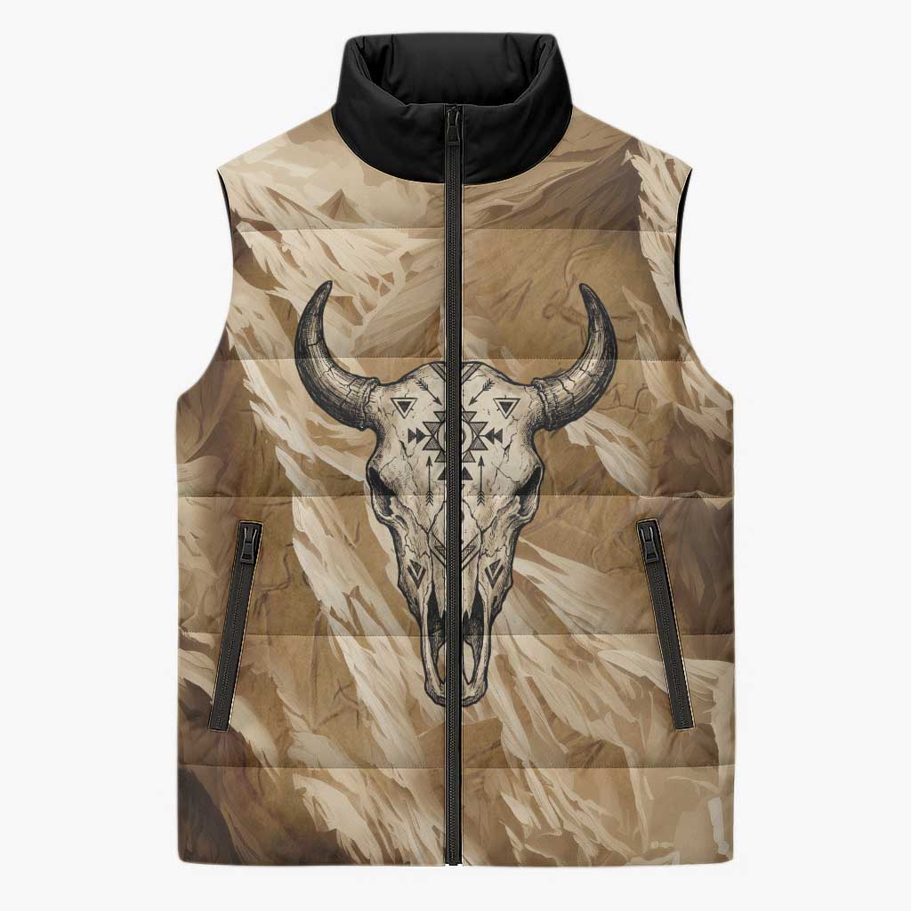 Buffalo Skull Native American Sleeveless Puffer Jacket Tribal Symbols and Mountain Scene Great Herd and Plains Guardians - Wonder Print Shop