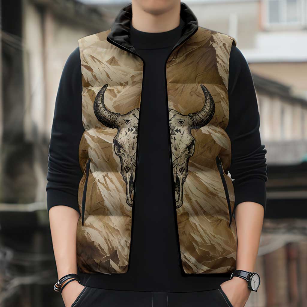 Buffalo Skull Native American Sleeveless Puffer Jacket Tribal Symbols and Mountain Scene Great Herd and Plains Guardians - Wonder Print Shop