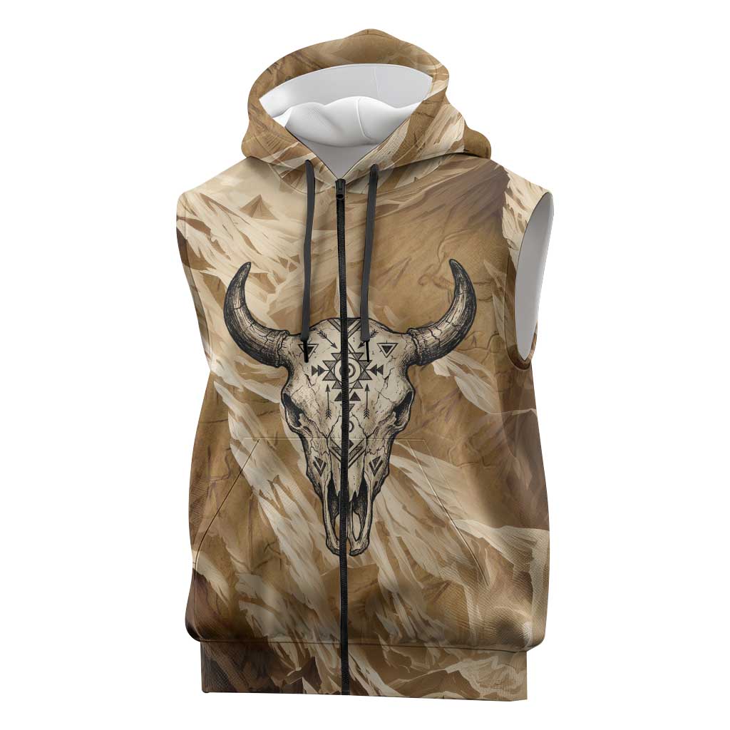 Buffalo Skull Native American Sleeveless Zip Hoodie Tribal Symbols and Mountain Scene Great Herd and Plains Guardians - undefined