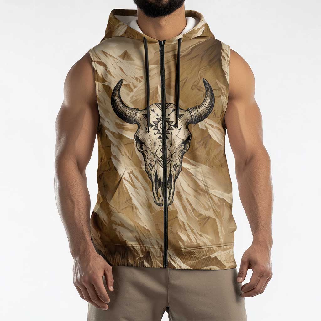 Buffalo Skull Native American Sleeveless Zip Hoodie Tribal Symbols and Mountain Scene Great Herd and Plains Guardians - undefined