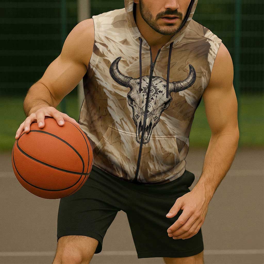 Buffalo Skull Native American Sleeveless Zip Hoodie Tribal Symbols and Mountain Scene Great Herd and Plains Guardians - undefined