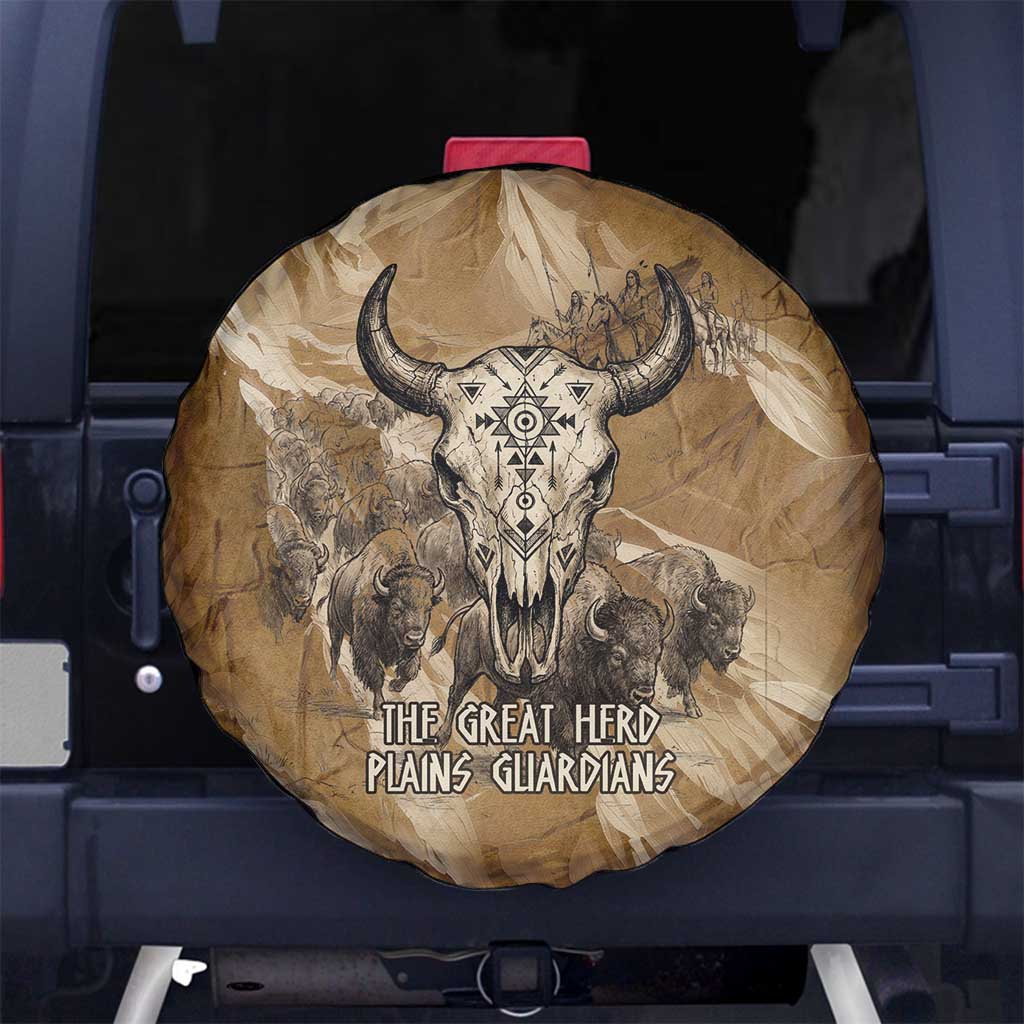 Buffalo Skull Native American Spare Tire Cover Tribal Symbols and Mountain Scene Great Herd and Plains Guardians - Wonder Print Shop