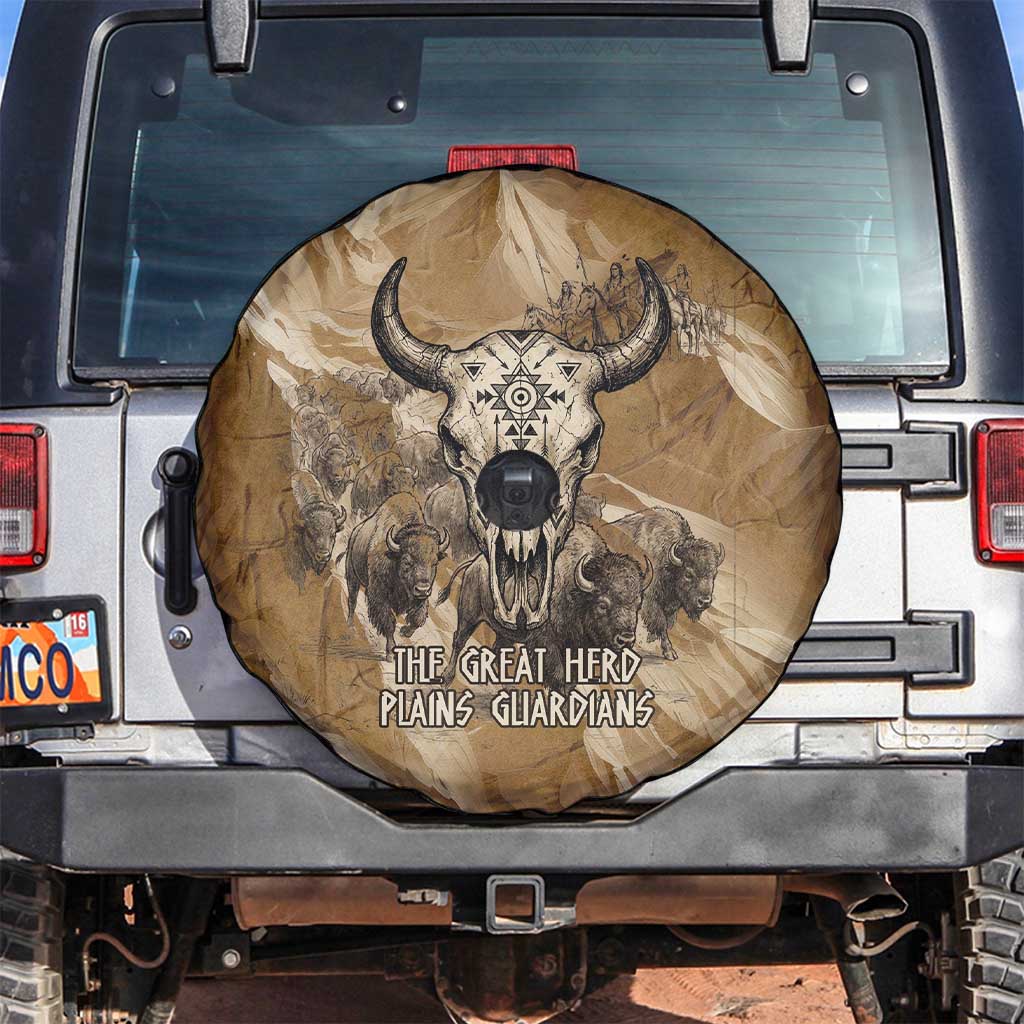 Buffalo Skull Native American Spare Tire Cover Tribal Symbols and Mountain Scene Great Herd and Plains Guardians - Wonder Print Shop