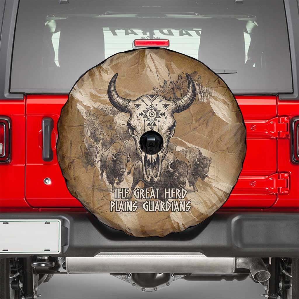 Buffalo Skull Native American Spare Tire Cover Tribal Symbols and Mountain Scene Great Herd and Plains Guardians - Wonder Print Shop