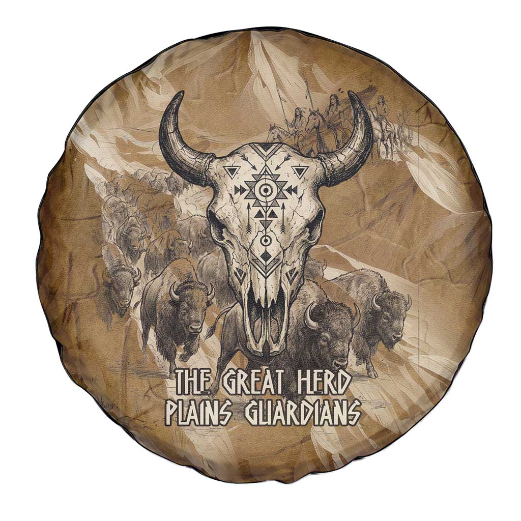 Buffalo Skull Native American Spare Tire Cover Tribal Symbols and Mountain Scene Great Herd and Plains Guardians - Wonder Print Shop