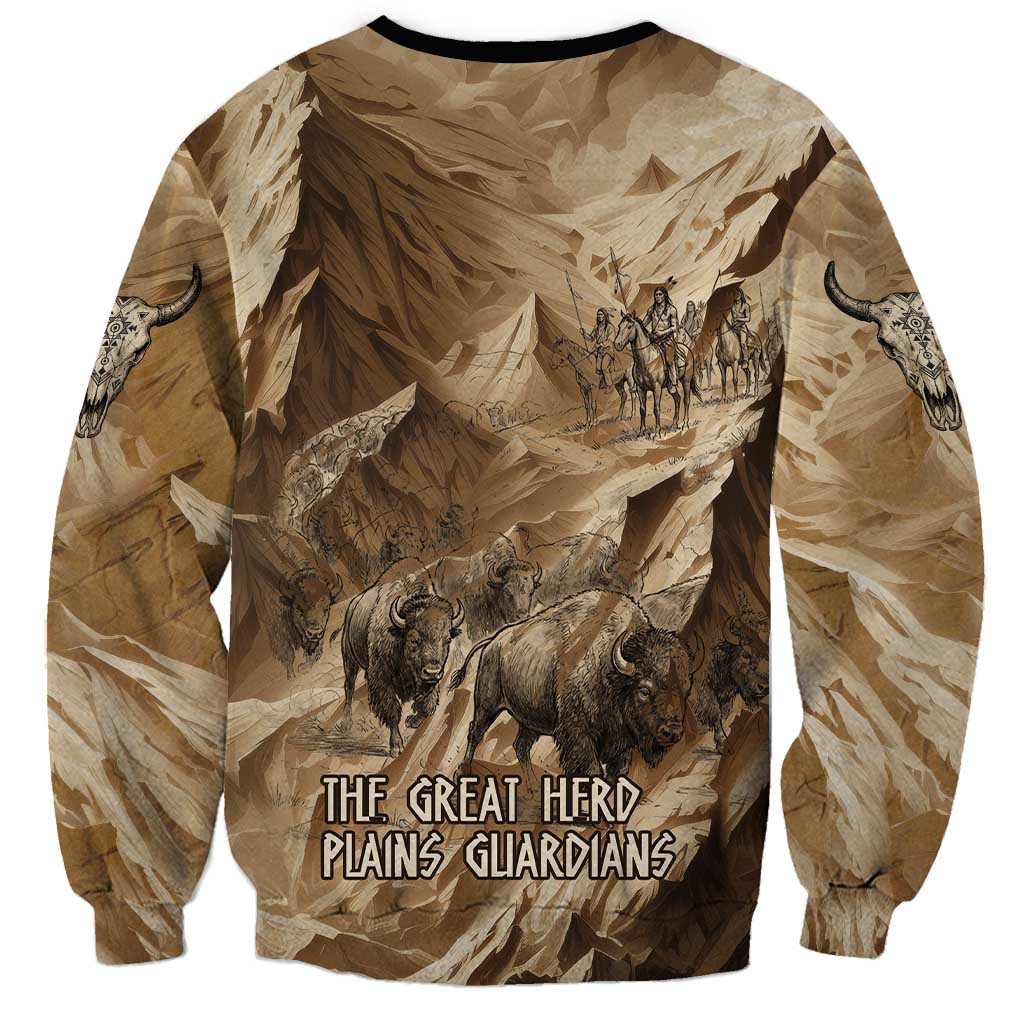 Buffalo Skull Native American Sweatshirt Tribal Symbols and Mountain Scene Great Herd and Plains Guardians - Wonder Print Shop