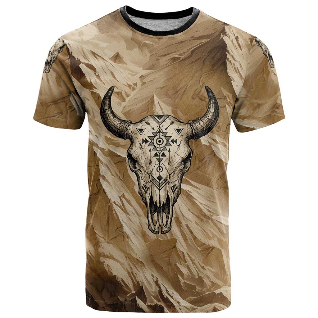 Buffalo Skull Native American T Shirt Tribal Symbols and Mountain Scene Great Herd and Plains Guardians - Wonder Print Shop