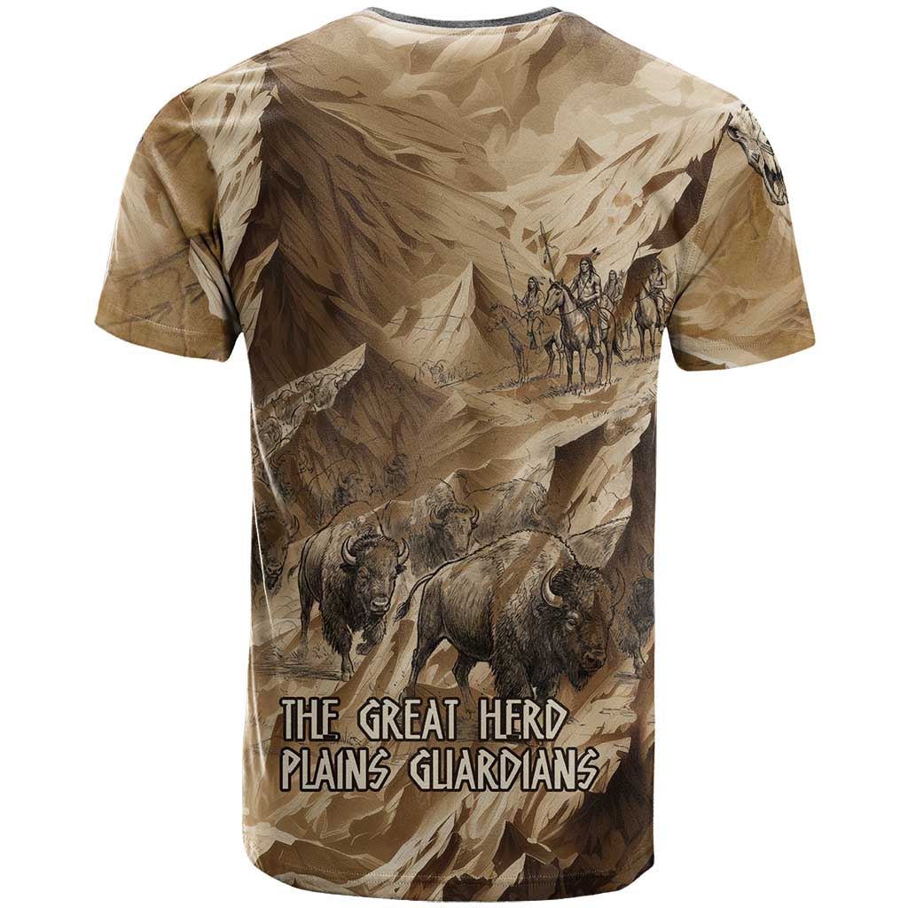 Buffalo Skull Native American T Shirt Tribal Symbols and Mountain Scene Great Herd and Plains Guardians - Wonder Print Shop