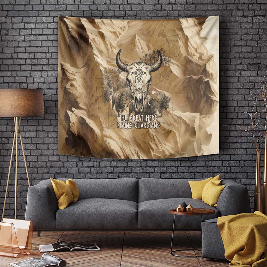 Buffalo Skull Native American Tapestry Tribal Symbols and Mountain Scene Great Herd and Plains Guardians - Wonder Print Shop