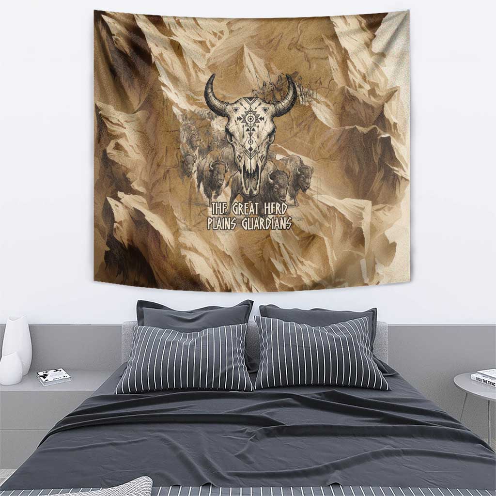 Buffalo Skull Native American Tapestry Tribal Symbols and Mountain Scene Great Herd and Plains Guardians - Wonder Print Shop