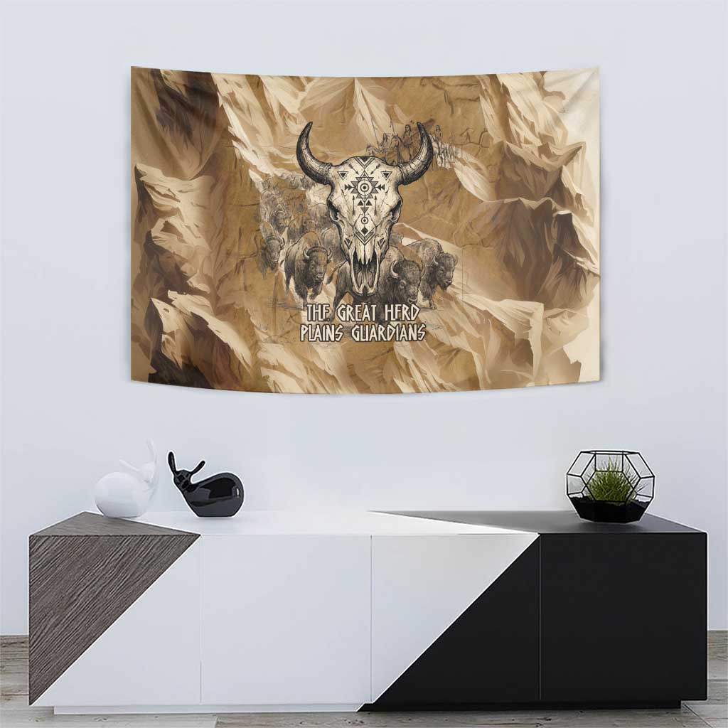 Buffalo Skull Native American Tapestry Tribal Symbols and Mountain Scene Great Herd and Plains Guardians - Wonder Print Shop