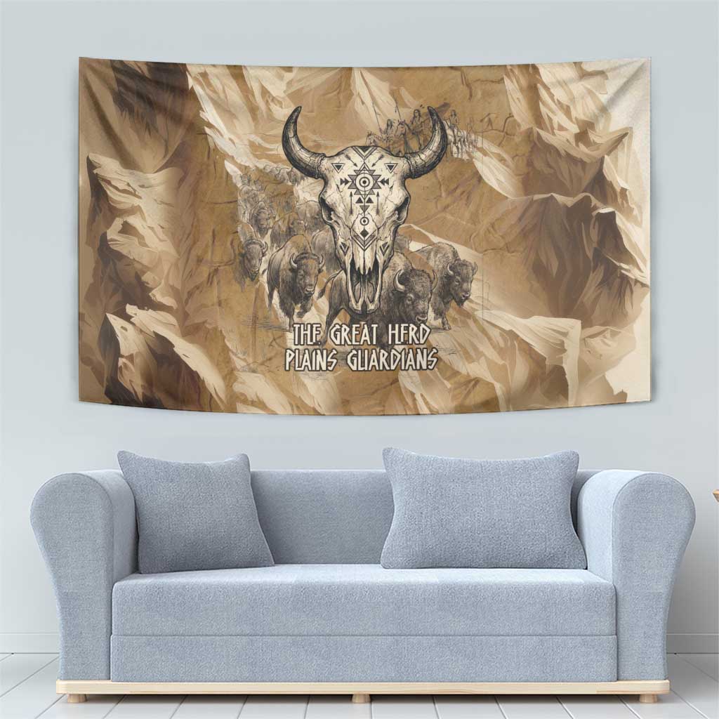 Buffalo Skull Native American Tapestry Tribal Symbols and Mountain Scene Great Herd and Plains Guardians - Wonder Print Shop