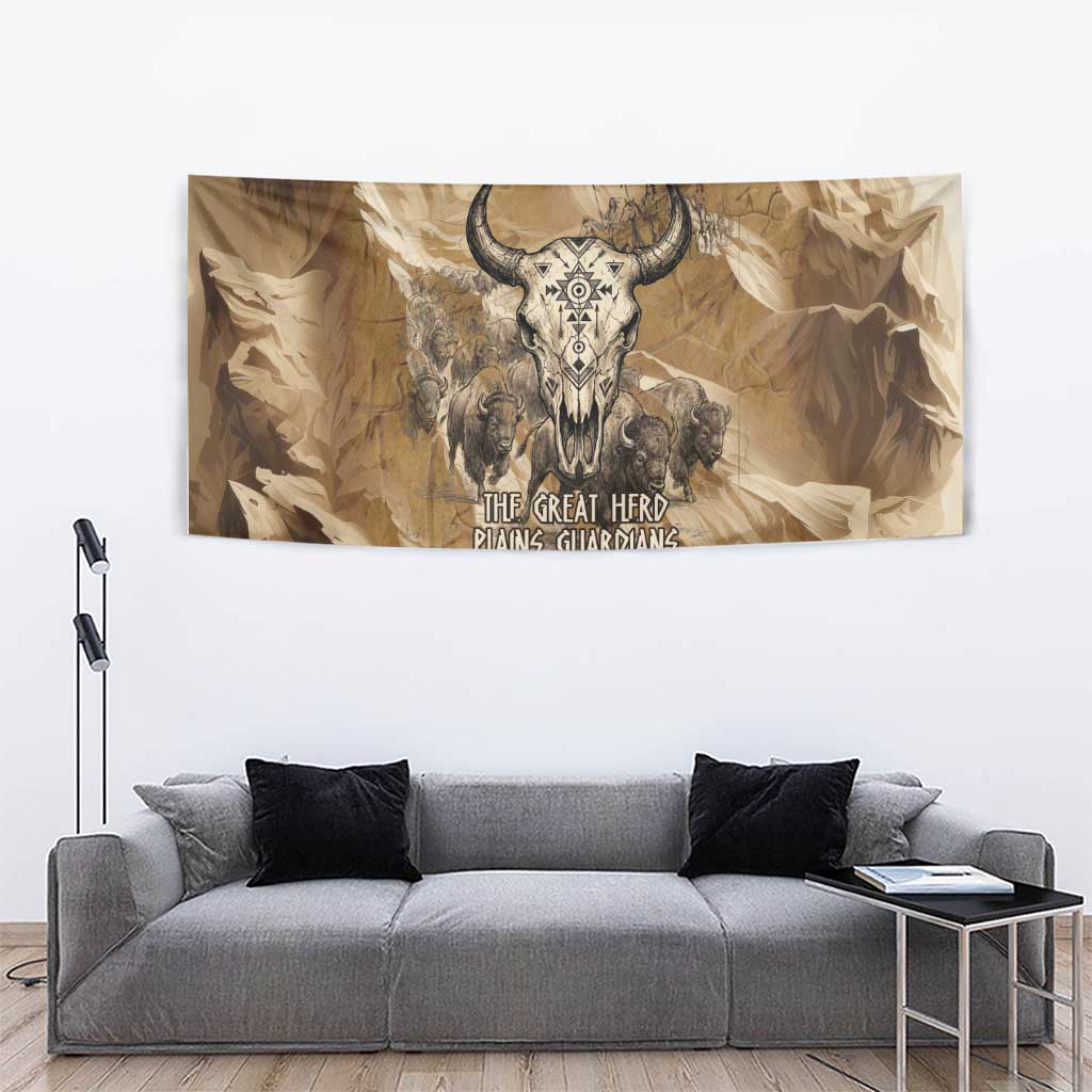 Buffalo Skull Native American Tapestry Tribal Symbols and Mountain Scene Great Herd and Plains Guardians - Wonder Print Shop