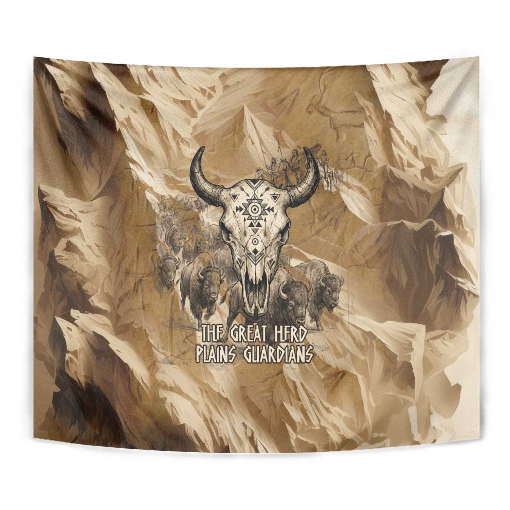 Buffalo Skull Native American Tapestry Tribal Symbols and Mountain Scene Great Herd and Plains Guardians - Wonder Print Shop