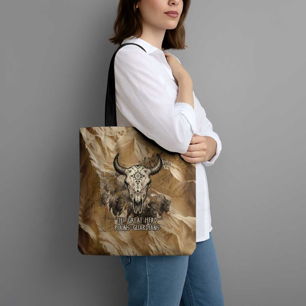 Buffalo Skull Native American Tote Bag Tribal Symbols and Mountain Scene Great Herd and Plains Guardians - Wonder Print Shop