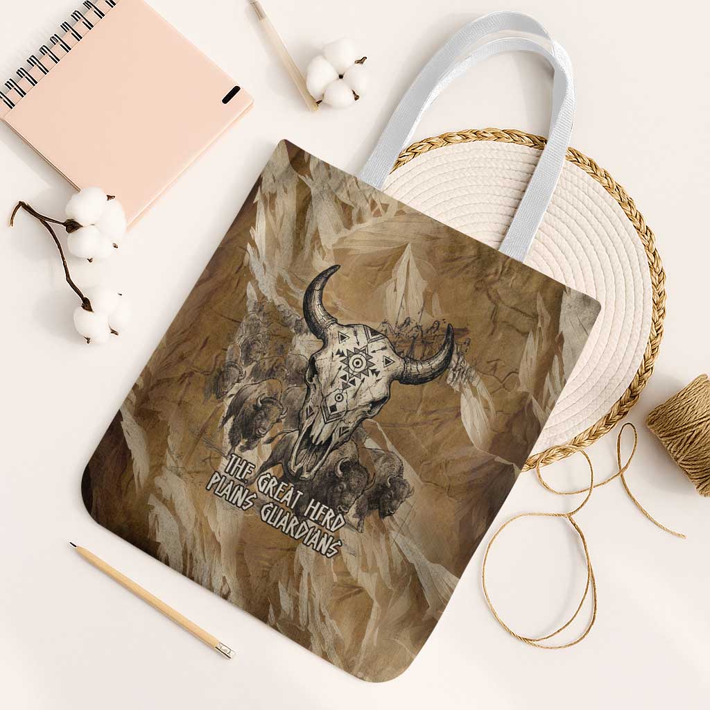 Buffalo Skull Native American Tote Bag Tribal Symbols and Mountain Scene Great Herd and Plains Guardians - Wonder Print Shop