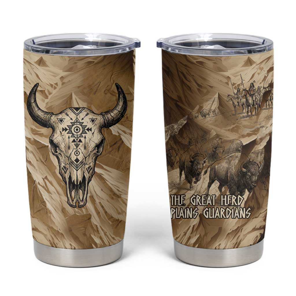 Buffalo Skull Native American Tumbler Cup Tribal Symbols and Mountain Scene Great Herd and Plains Guardians - Wonder Print Shop