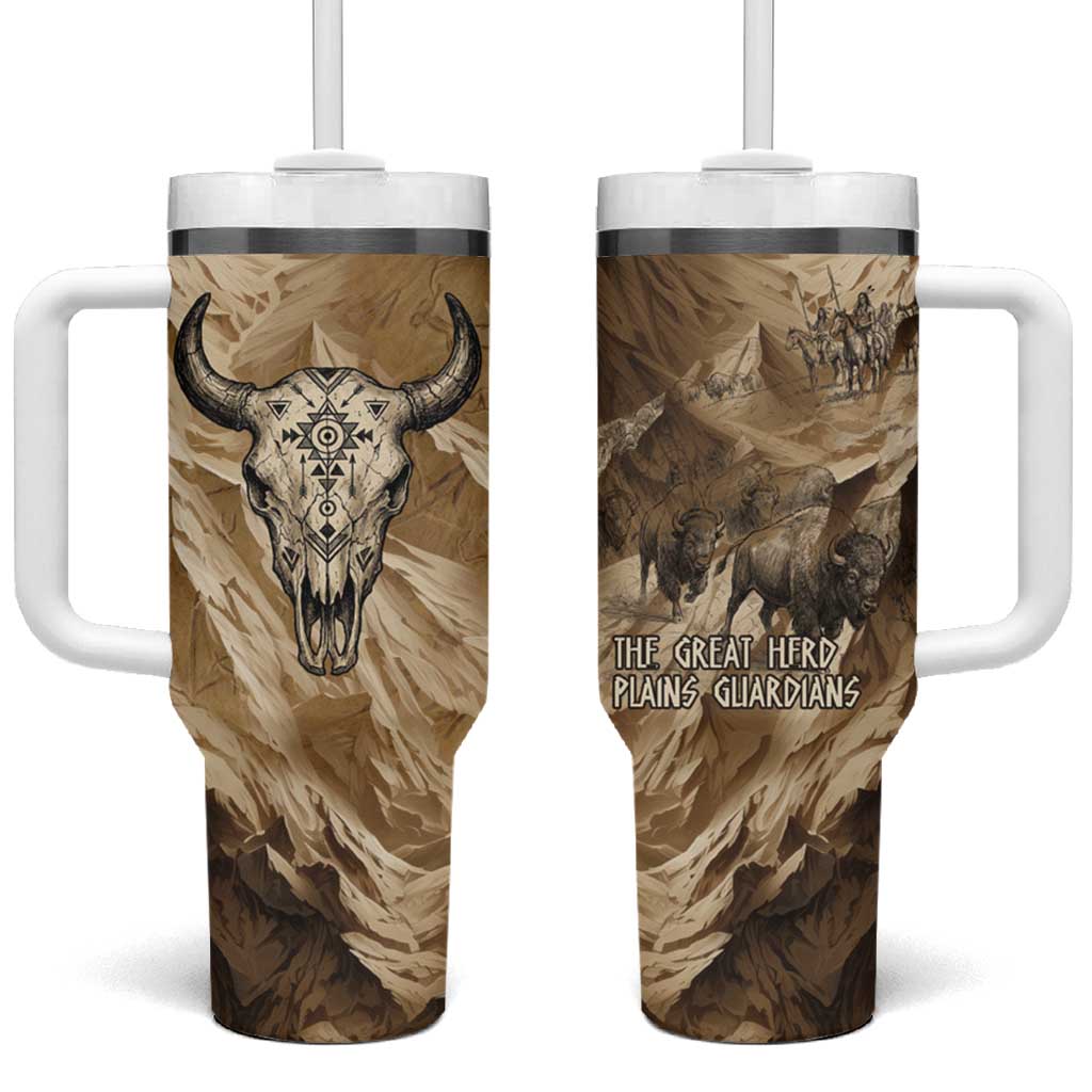 Buffalo Skull Native American Tumbler With Handle Tribal Symbols and Mountain Scene Great Herd and Plains Guardians - Wonder Print Shop