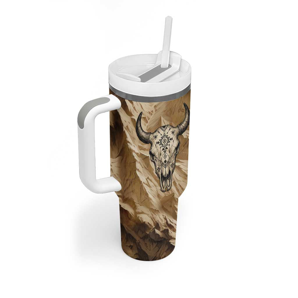 Buffalo Skull Native American Tumbler With Handle Tribal Symbols and Mountain Scene Great Herd and Plains Guardians - Wonder Print Shop